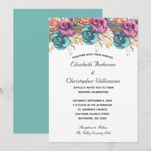 Invitación Rosa Blue Peach Floral Elegante Boda Formal (Anverso / Reverso)