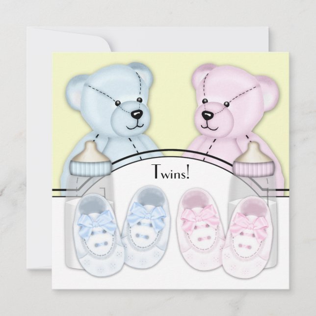 Invitación Rosa Blue Teddy Bear Twin Baby Shower (Anverso)