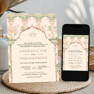 Invitación Rosa Blush Verde Menta Jardín de Loto Boda India