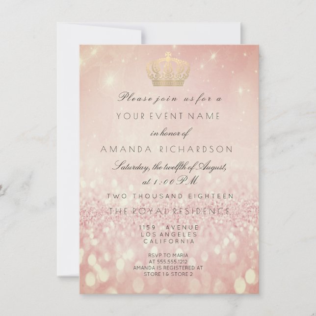 Invitación Rosa BlushGlitter Crown Royal Purpurina 16ª Noche (Anverso)