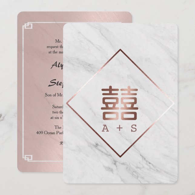 Invitación Rosa Boda chino moderno de mármol blanco y oro (Anverso / Reverso)