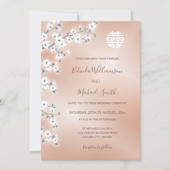 Invitación Rosa Boda chino moderno de oro (Anverso)