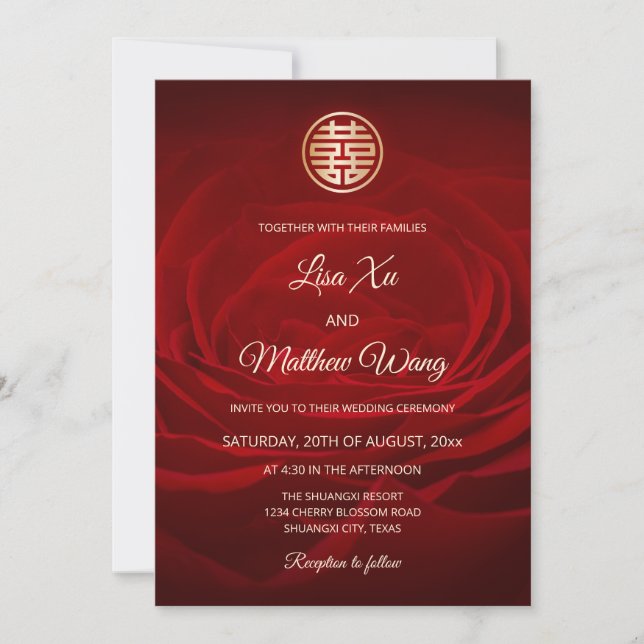 Invitación Rosa Boda chino rojo moderno (Anverso)