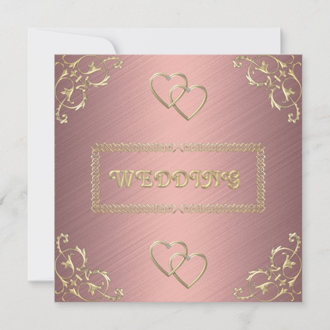 Invitación Rosa boda con corazones dorados (Anverso)