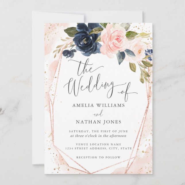 Invitación Rosa Boda de acuarela botánica de la Marina de Oro (Anverso)