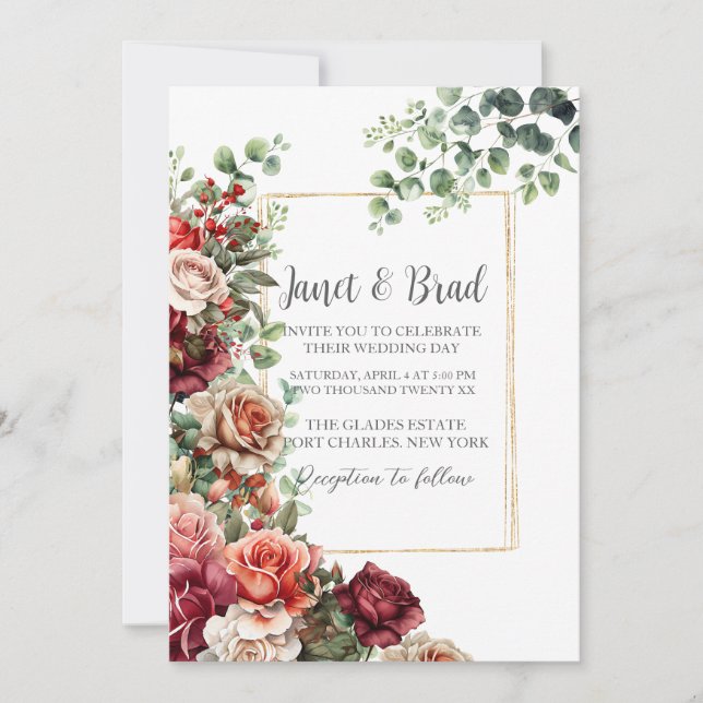 Invitación Rosa Boda de código de eucalipto floral QR (Anverso)