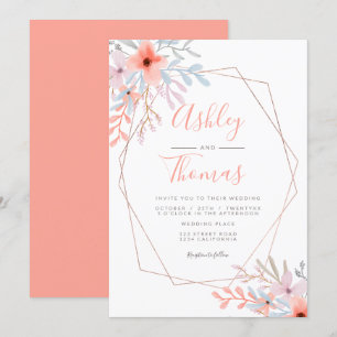Invitación Rosa boda de color coral floral dorado