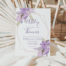Invitación Rosa boda de color morado floral de marco dorado