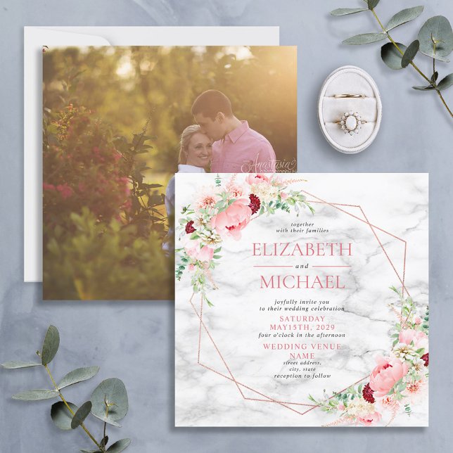 Invitación Rosa Boda de cuadrado floral de mármol geométrico  (Subido por el creador)