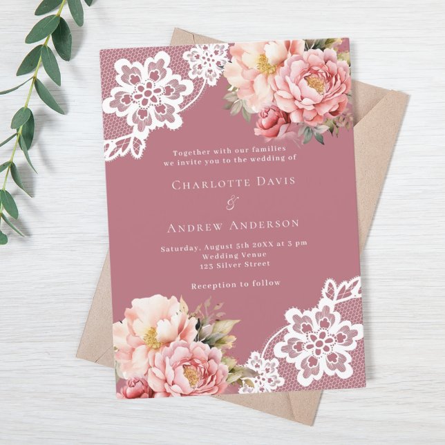 Invitación Rosa boda de encaje floral rosa (Subido por el creador)