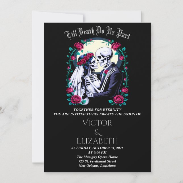 Invitación Rosa Boda de esqueleto gótico iluminado por luna h (Anverso)