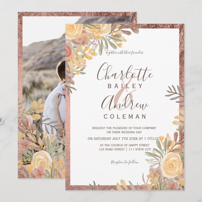 Invitación Rosa boda de fotografía floral de terracota con bo (Anverso / Reverso)
