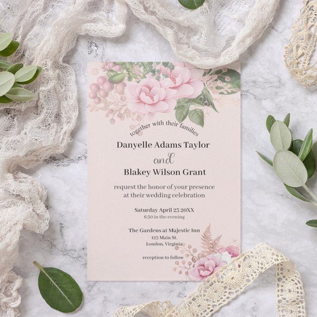 Invitación Rosa Boda de fotos de fuentes modernas de flores r (Subido por el creador)