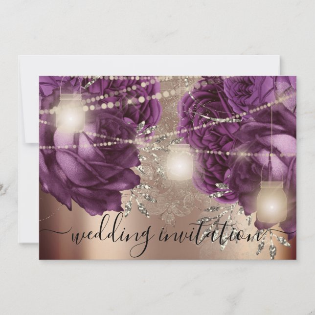 Invitación Rosa  Boda de novia Silver ilumina a Rosas morados (Anverso)