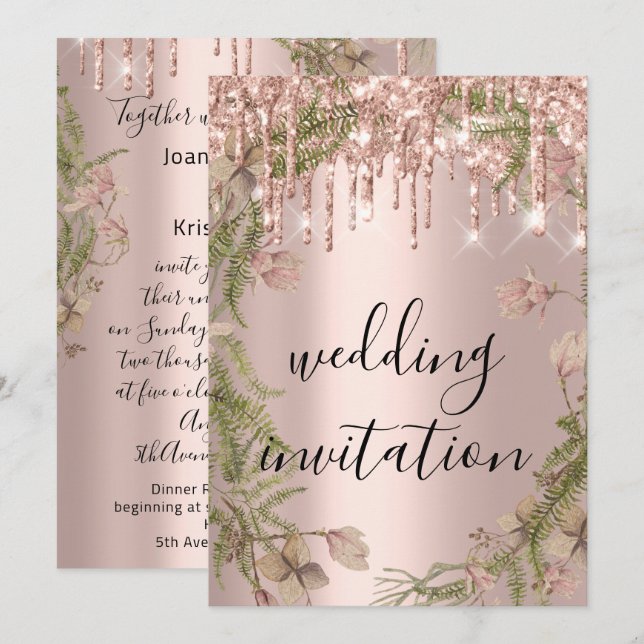 Invitación Rosa  Boda de oro Purpurina de novias Florals (Anverso / Reverso)