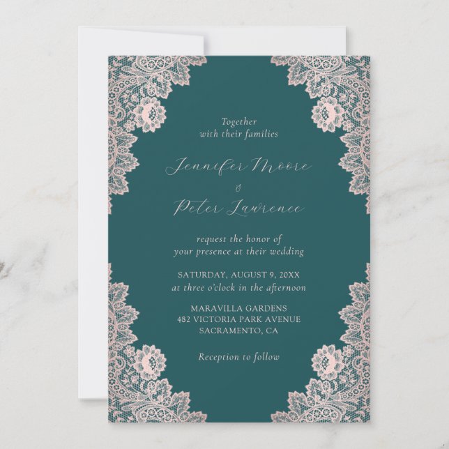 Invitación Rosa Boda de Oro y Caligrafía Verde azulada (Anverso)