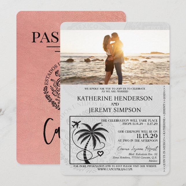 Invitación Rosa Boda de Passport de Cancún de oro (Anverso / Reverso)