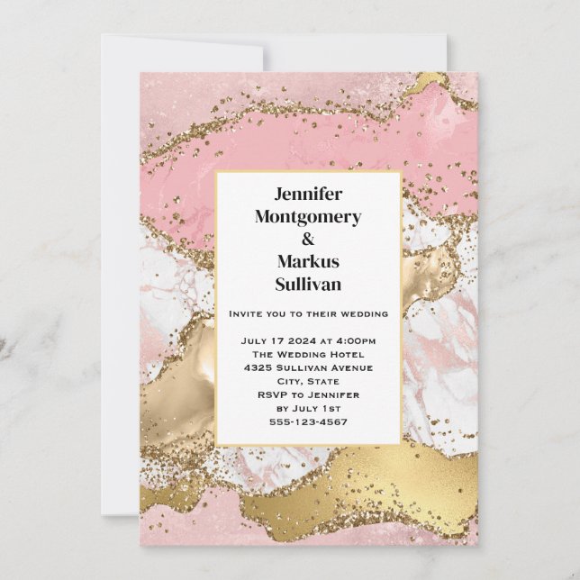 Invitación Rosa Boda de resumen de mármol rosa dorado (Anverso)