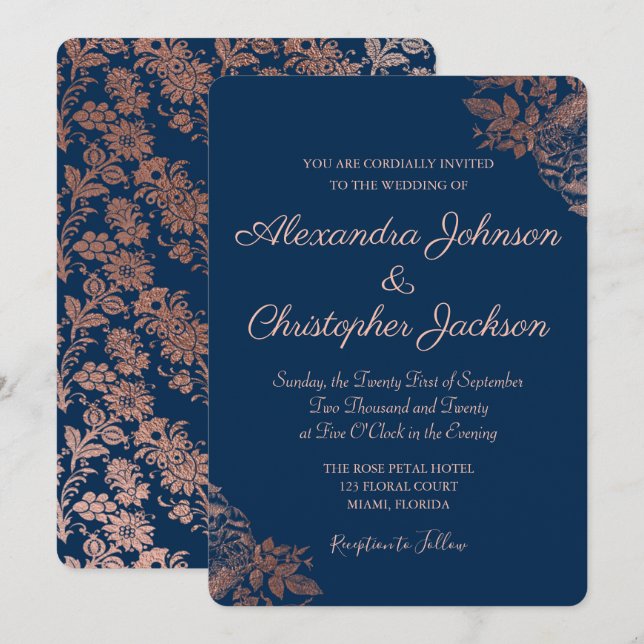Invitación Rosa Boda de Rosas florales rosas y de la Marina (Anverso / Reverso)