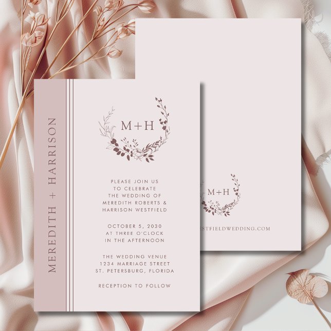 Invitación Rosa Boda de Wreath monograma Rubor Gold (Rose Gold Blush Monogram Wreath Wedding Invitation)