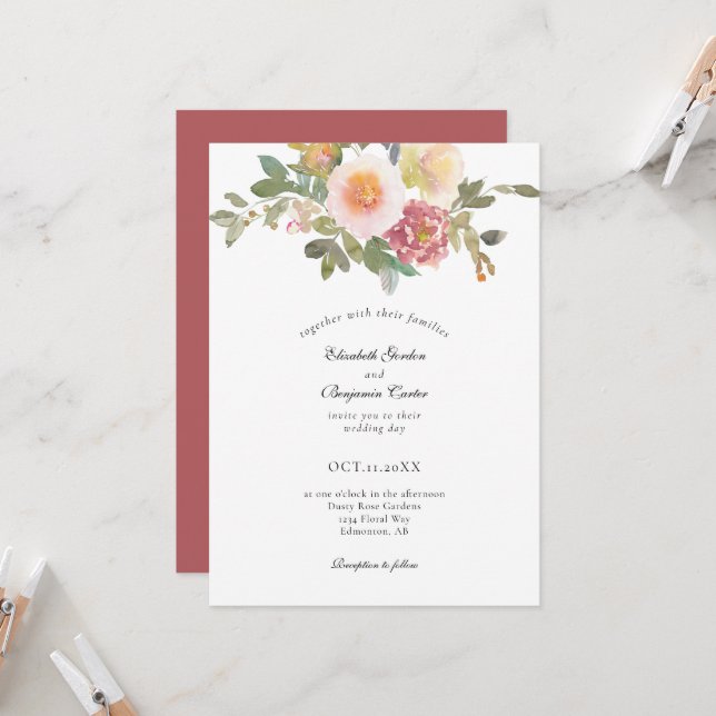 Invitación Rosa  Boda Elegante Floral Moderno Script En (Anverso/Reverso In Situ)