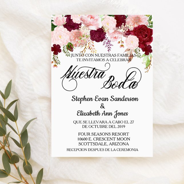 Invitación Rosa Boda español Borgoña Rosa Nuestra Boda (Subido por el creador)