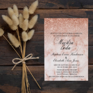 Invitación Rosa Boda español Purpurina oro Marble estiloso