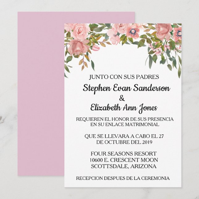 Invitación Rosa Boda español Rosa Rosa Rubor acuarela (Anverso / Reverso)