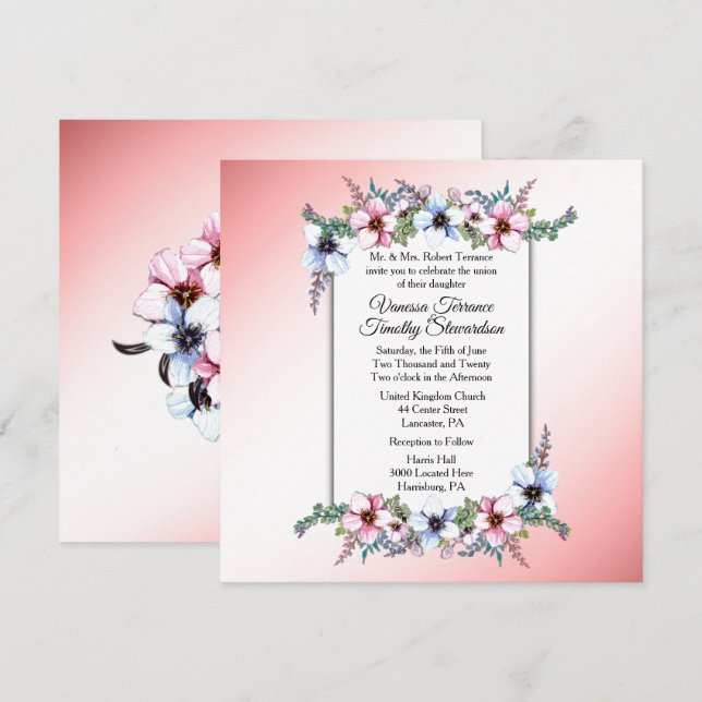 Invitación rosa Boda floral (Anverso / Reverso)