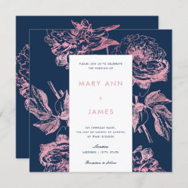 Invitación Rosa Boda floral elegante azul de la Marina de Oro