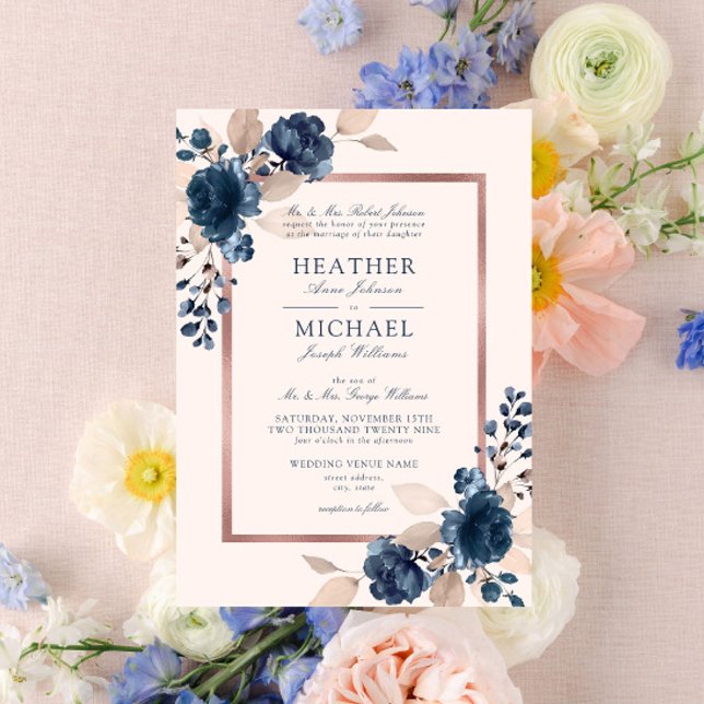 Invitación Rosa Boda Floral Rosa Dusty Azul de la Marina de O (Subido por el creador)