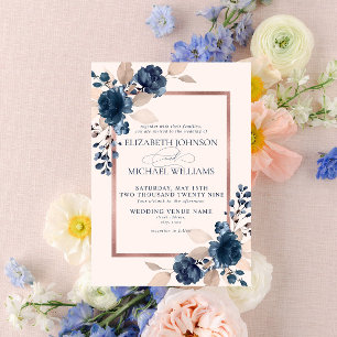Invitación Rosa Boda Floral Rosa Dusty Azul de la Marina Dora