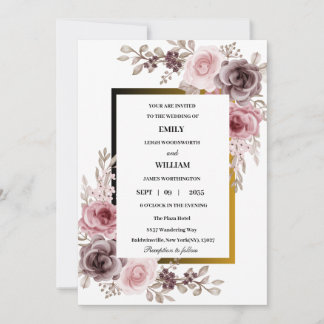 Invitación Rosa  Boda floral rosa y marrón elegante