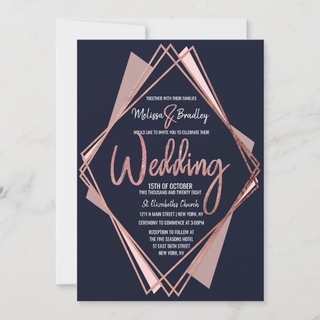 Invitación Rosa Boda Geométrico de la Marina Azul (Anverso)