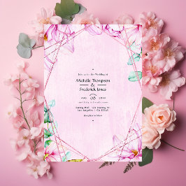 Invitación Rosa Boda Geométrico Floral Oro y Rosa