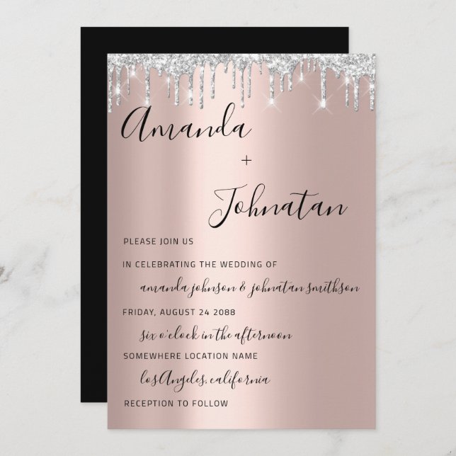 Invitación Rosa boda Monograma Black Silver Drips (Anverso / Reverso)
