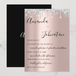 Invitación Rosa boda Monograma Black Silver Drips