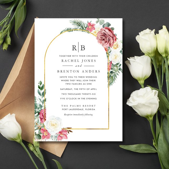 Invitación Rosa Boda Monograma de Familia con Banda Floral (Rose Floral Blended Family Monogram Wedding Invitation)