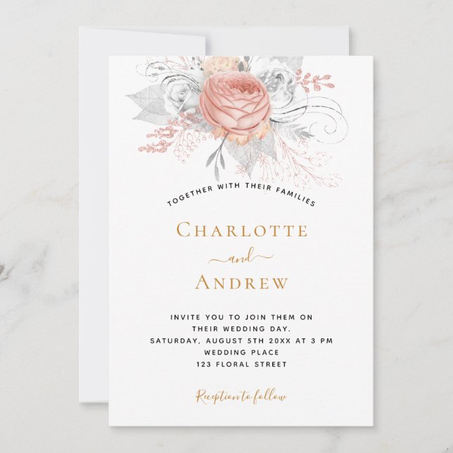Invitación rosa boda oro floral elegante plata (Anverso)