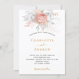 Invitación rosa boda oro floral elegante plata