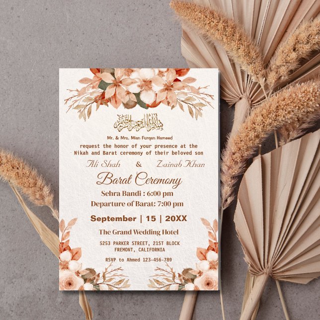 Invitación Rosa Boda paquistaní con flores de oro (Subido por el creador)