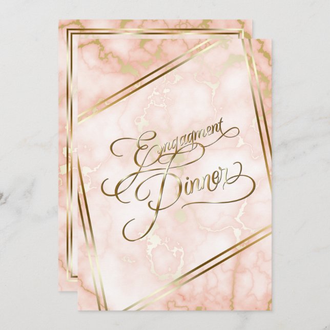 Invitación Rosa boda y caligrafía ornada de mármol dorado (Anverso / Reverso)