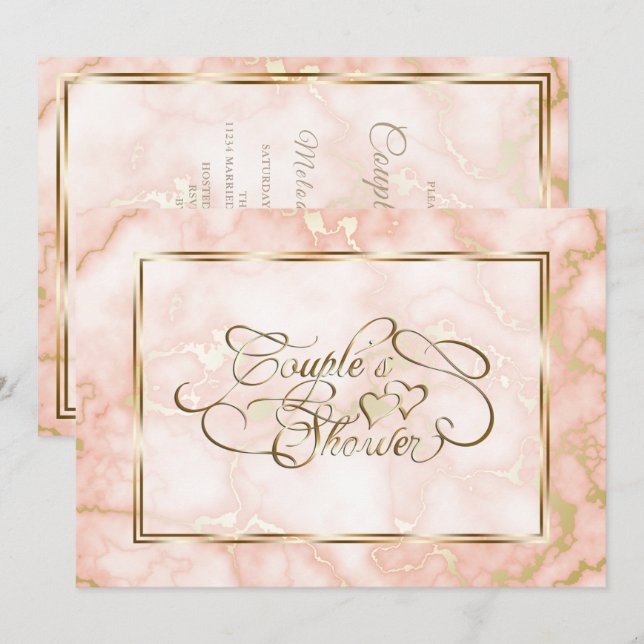 Invitación Rosa boda y caligrafía ornada de mármol dorado (Anverso / Reverso)