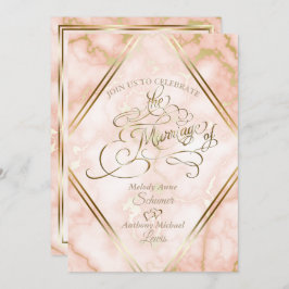 Invitación Rosa boda y caligrafía ornada de mármol dorado