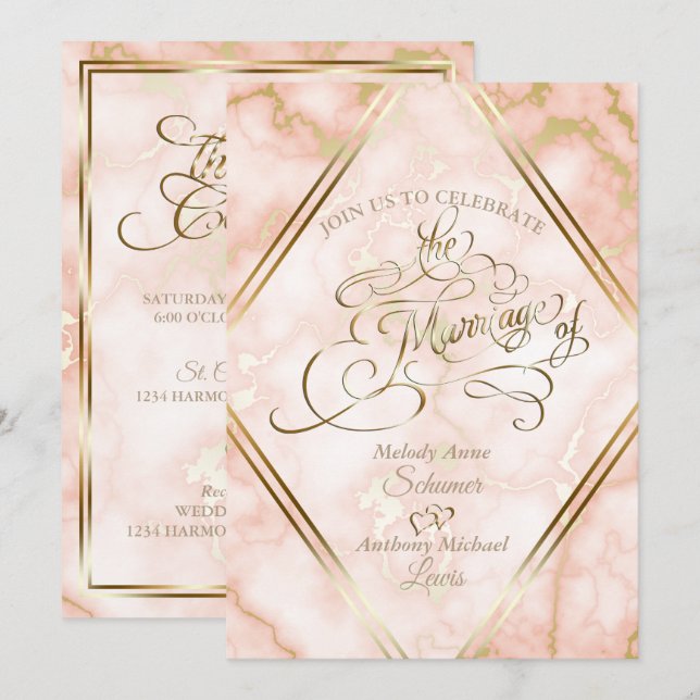 Invitación Rosa boda y caligrafía ornada de mármol dorado (Anverso / Reverso)