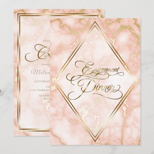 Invitación Rosa boda y caligrafía ornada de mármol dorado (Anverso / Reverso)