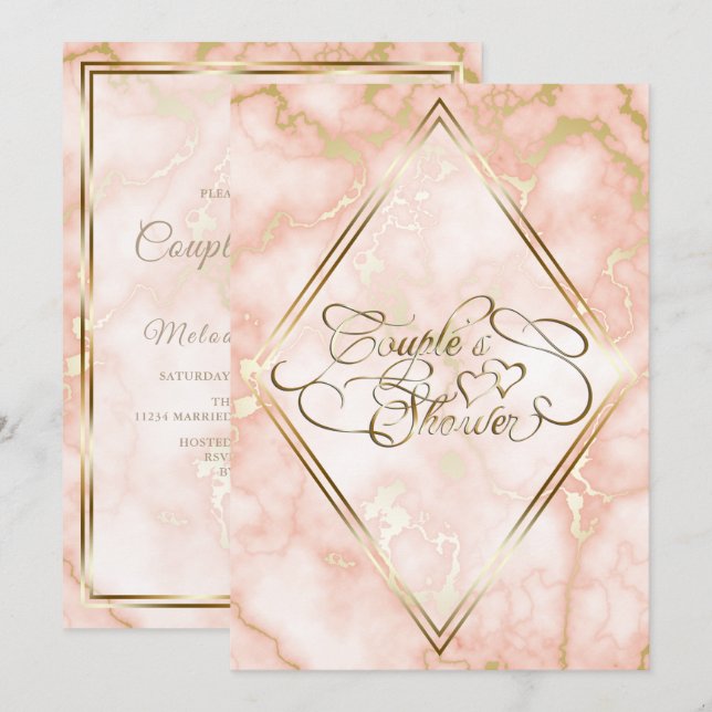 Invitación Rosa boda y caligrafía ornada de mármol dorado (Anverso / Reverso)