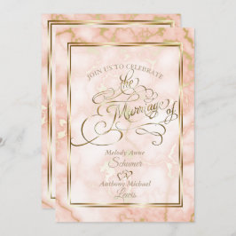 Invitación Rosa boda y caligrafía ornada de mármol dorado