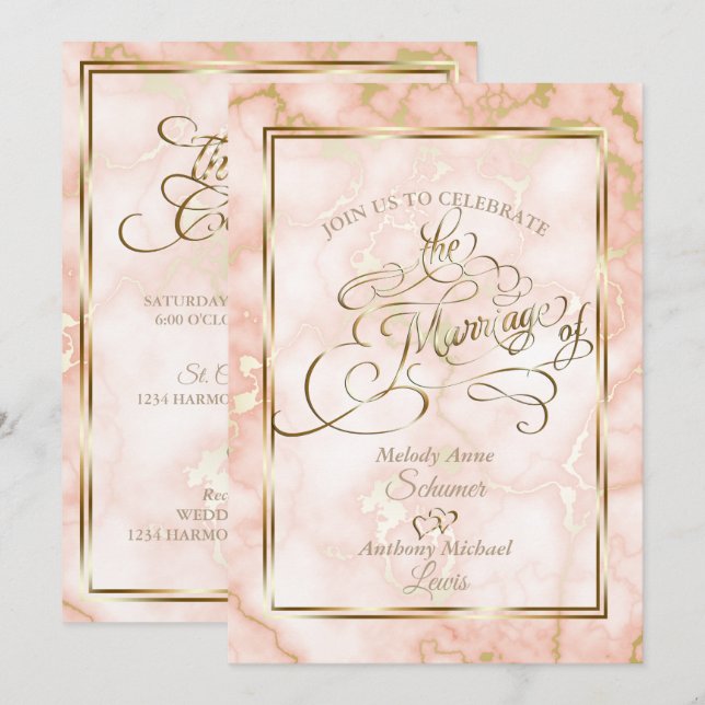 Invitación Rosa boda y caligrafía ornada de mármol dorado (Anverso / Reverso)