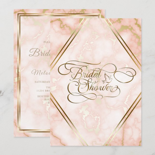 Invitación Rosa boda y caligrafía ornada de mármol dorado (Anverso / Reverso)